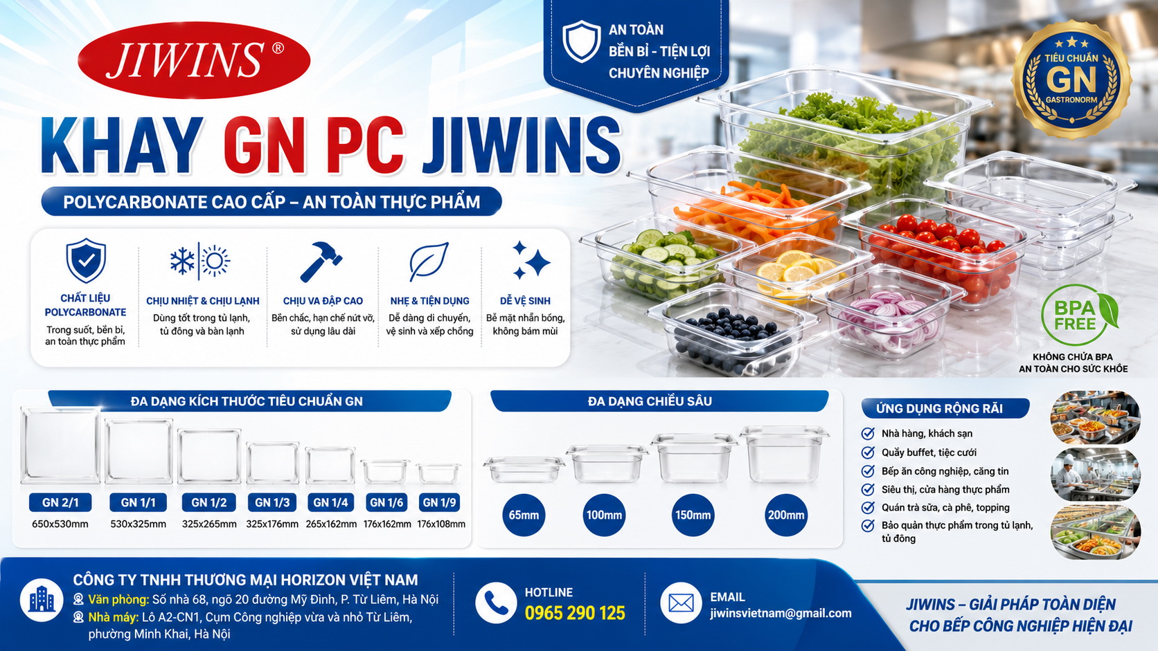 Khay GN PC Jiwins – Giải pháp lưu trữ và trưng bày thực phẩm chuyên nghiệp, an toàn và bền bỉ